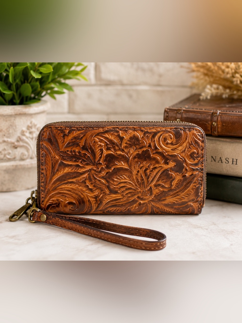 Patricia Nash Tooled Leather Wristlet Wallet Brown Floral Embossed Zip Around